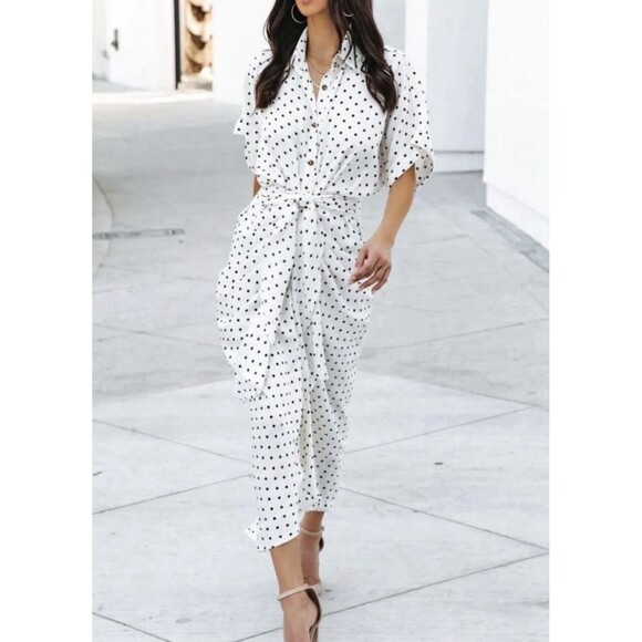 VICI Dresses & Skirts - VICI Midi Shirt Dress Black White Polka-dot Print Gathered Front Draping Size S